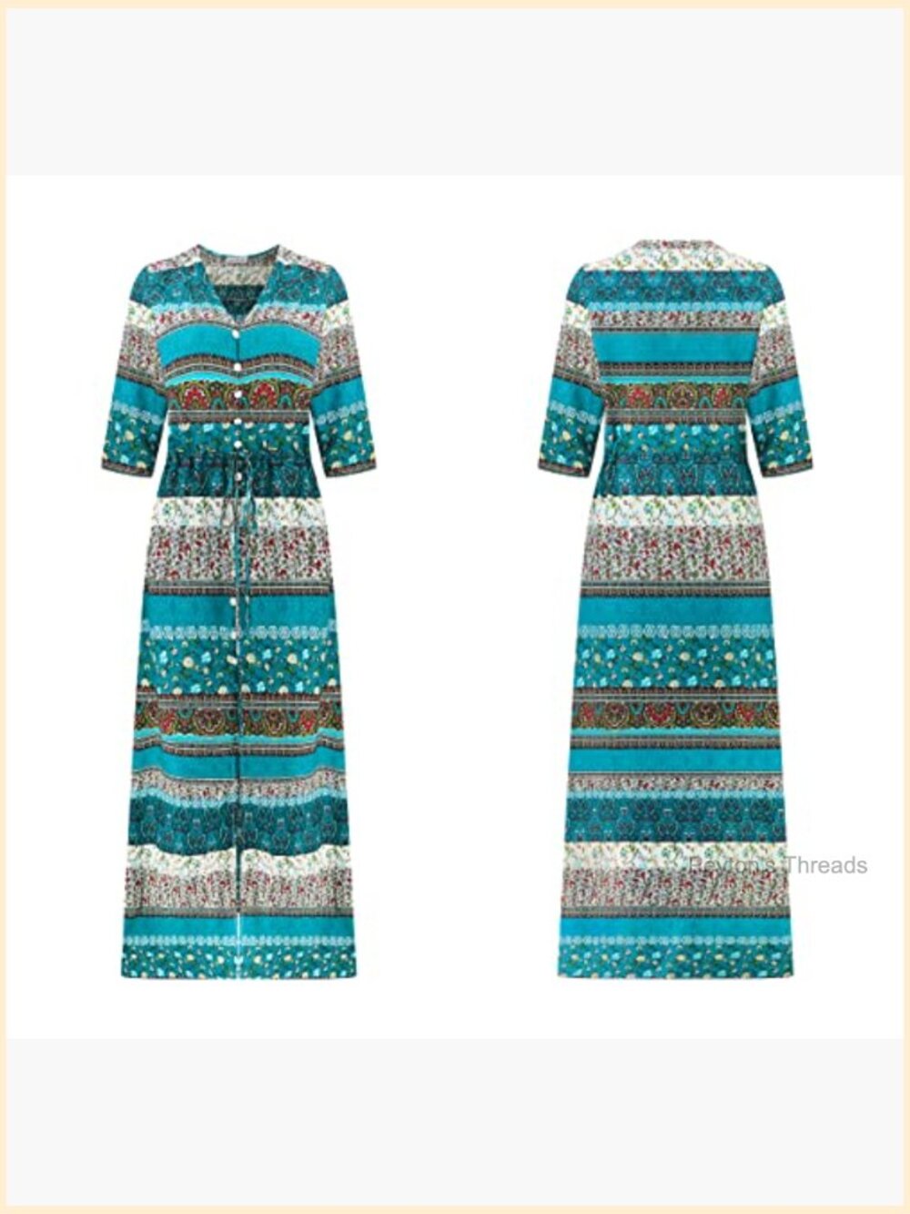Boho Button Up V Neck Floral Print Roll Up Split Midi Dress - Picture 5 of 7